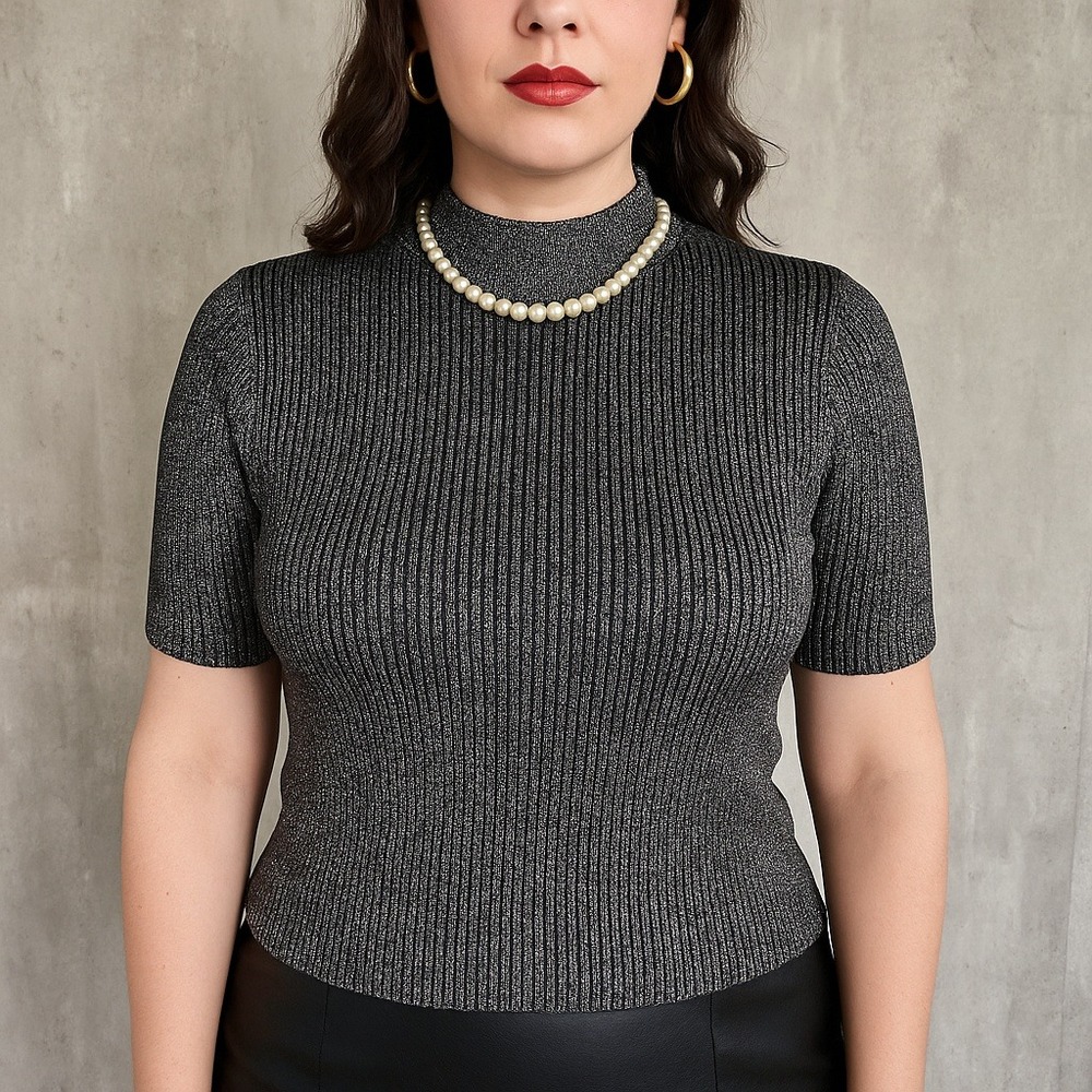 Vintage 90s Joseph A Metallic Ribbed Mock Neck Top Black Silver Lurex Knit L
